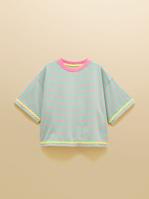 Dsiney Kidz - Joules Girls' Mila Aqua Blue Short Sleeve Stripe Boxy T-Shirt image 1