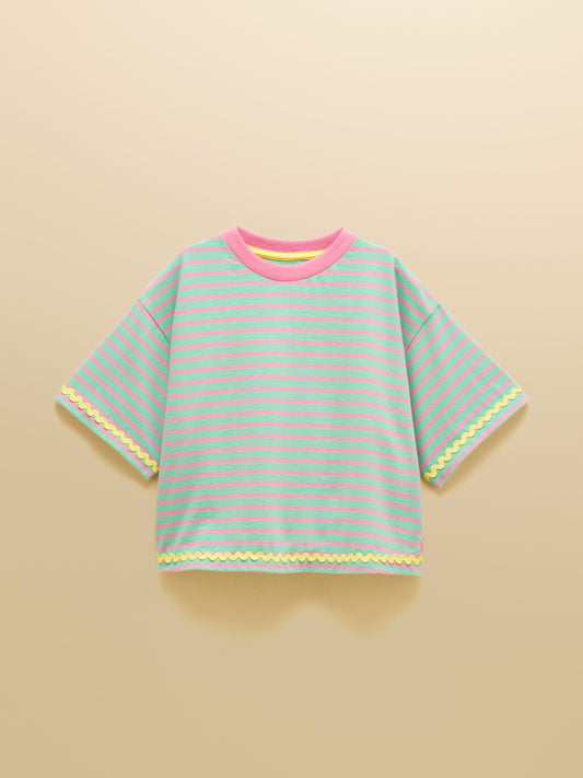 Dsiney Kidz - Joules Girls' Mila Aqua Blue Short Sleeve Stripe Boxy T-Shirt image 1