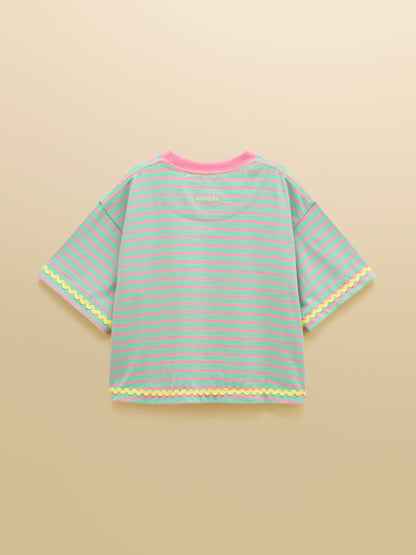 Dsiney Kidz - Joules Girls' Mila Aqua Blue Short Sleeve Stripe Boxy T-Shirt image 2