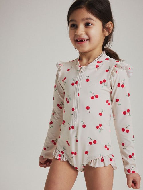 Dsiney Kidz - Polarn O. Pyret White Cherry Print Frill Zip-up Swimsuit image 1