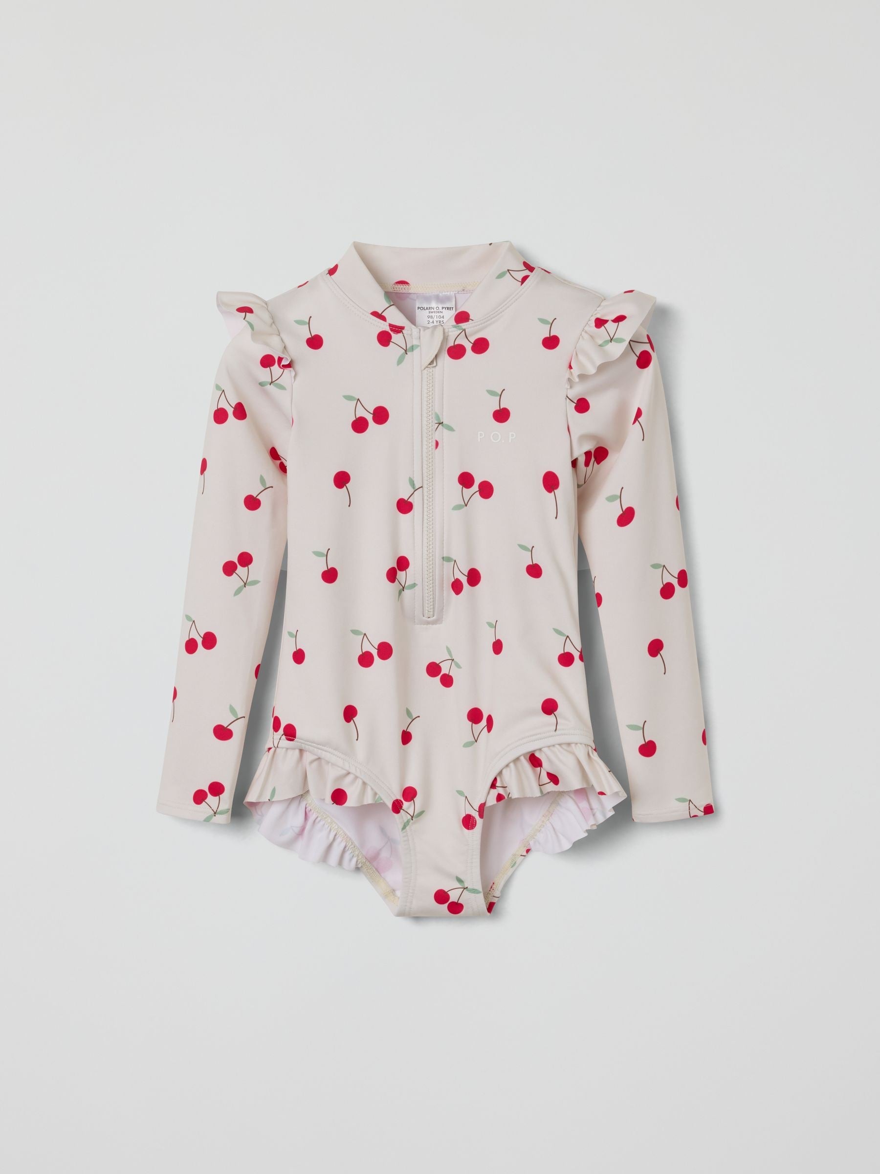 Polarn O. Pyret White Cherry Print Frill Zip-up Swimsuit image 2