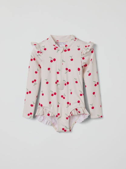 Polarn O. Pyret White Cherry Print Frill Zip-up Swimsuit image 2