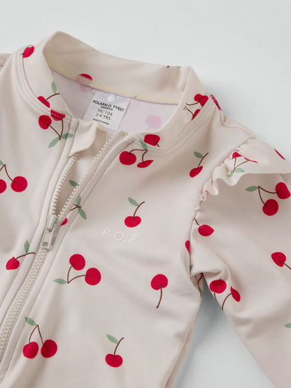 Polarn O. Pyret White Cherry Print Frill Zip-up Swimsuit image 3