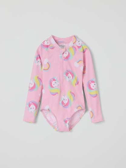 Polarn O. Pyret Pink Unicorn Print Zip-up Swimsuit image 2