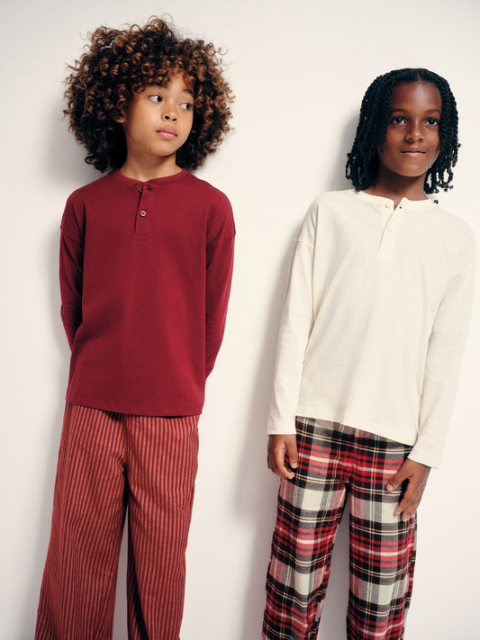 The Set 2 Pack Long Sleeve Jersey T-Shirts and Christmas Check Woven Bottom Pyjamas Set Red Check/Cream Stripe - image 1