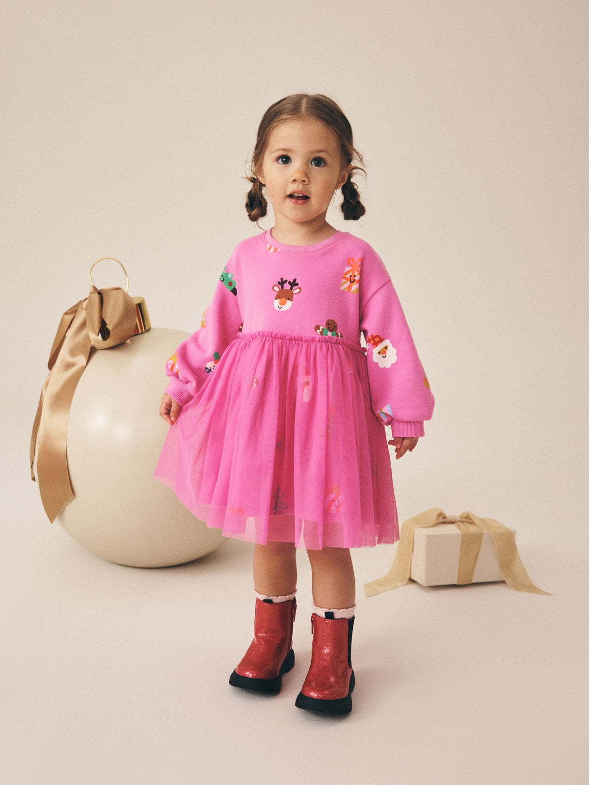 Dsiney Kidz - Bright Pink Christmas Long Sleeve Sweat Mesh Dress (3mths-7yrs) image 1