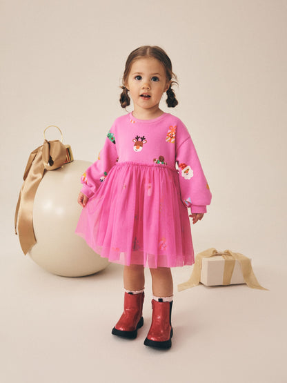 Dsiney Kidz - Bright Pink Christmas Long Sleeve Sweat Mesh Dress (3mths-7yrs) image 1