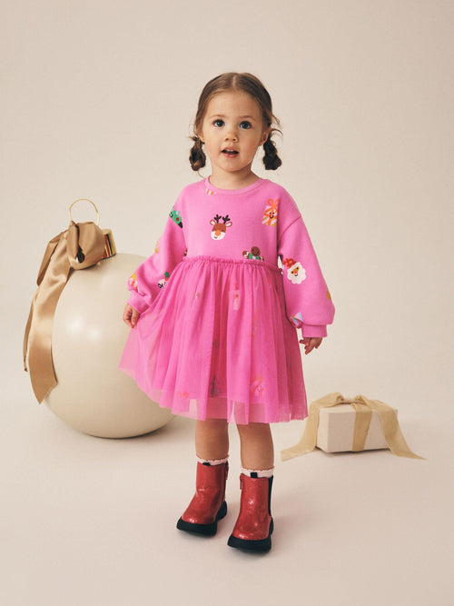 Dsiney Kidz - Bright Pink Christmas Long Sleeve Sweat Mesh Dress (3mths-7yrs) image 1