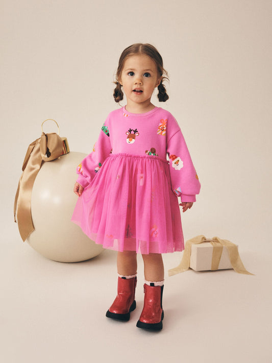 Dsiney Kidz - Bright Pink Christmas Long Sleeve Sweat Mesh Dress (3mths-7yrs) image 1