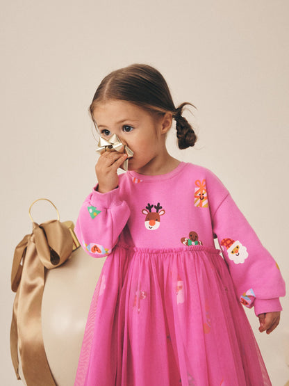 Dsiney Kidz - Bright Pink Christmas Long Sleeve Sweat Mesh Dress (3mths-7yrs) image 2