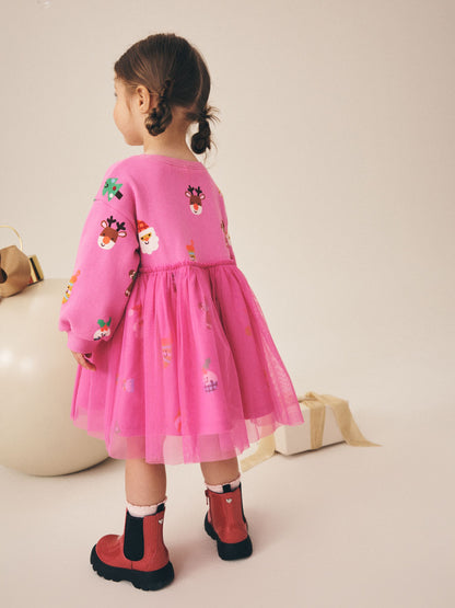 Dsiney Kidz - Bright Pink Christmas Long Sleeve Sweat Mesh Dress (3mths-7yrs) image 3