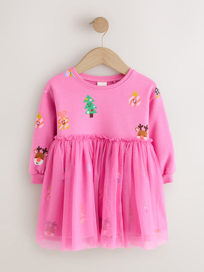 Dsiney Kidz - Bright Pink Christmas Long Sleeve Sweat Mesh Dress (3mths-7yrs) image 5