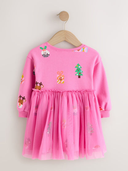 Dsiney Kidz - Bright Pink Christmas Long Sleeve Sweat Mesh Dress (3mths-7yrs) image 6