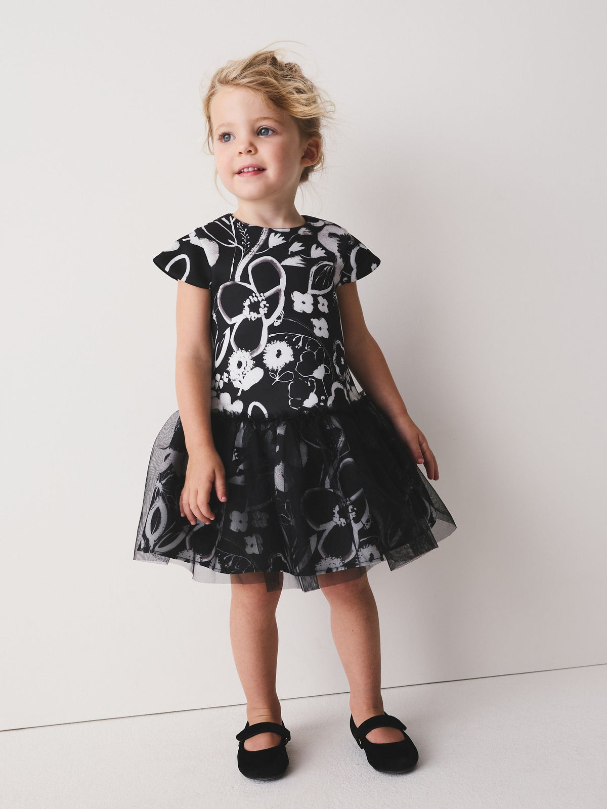 Black/White Floral Sleeveless Scuba Dress (3mths-7yrs) - image 1