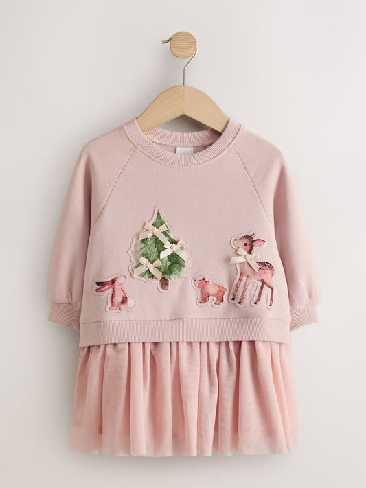 Pink Christmas Long Sleeve Sweat Mesh Dress (3mths-7yrs) - image 1