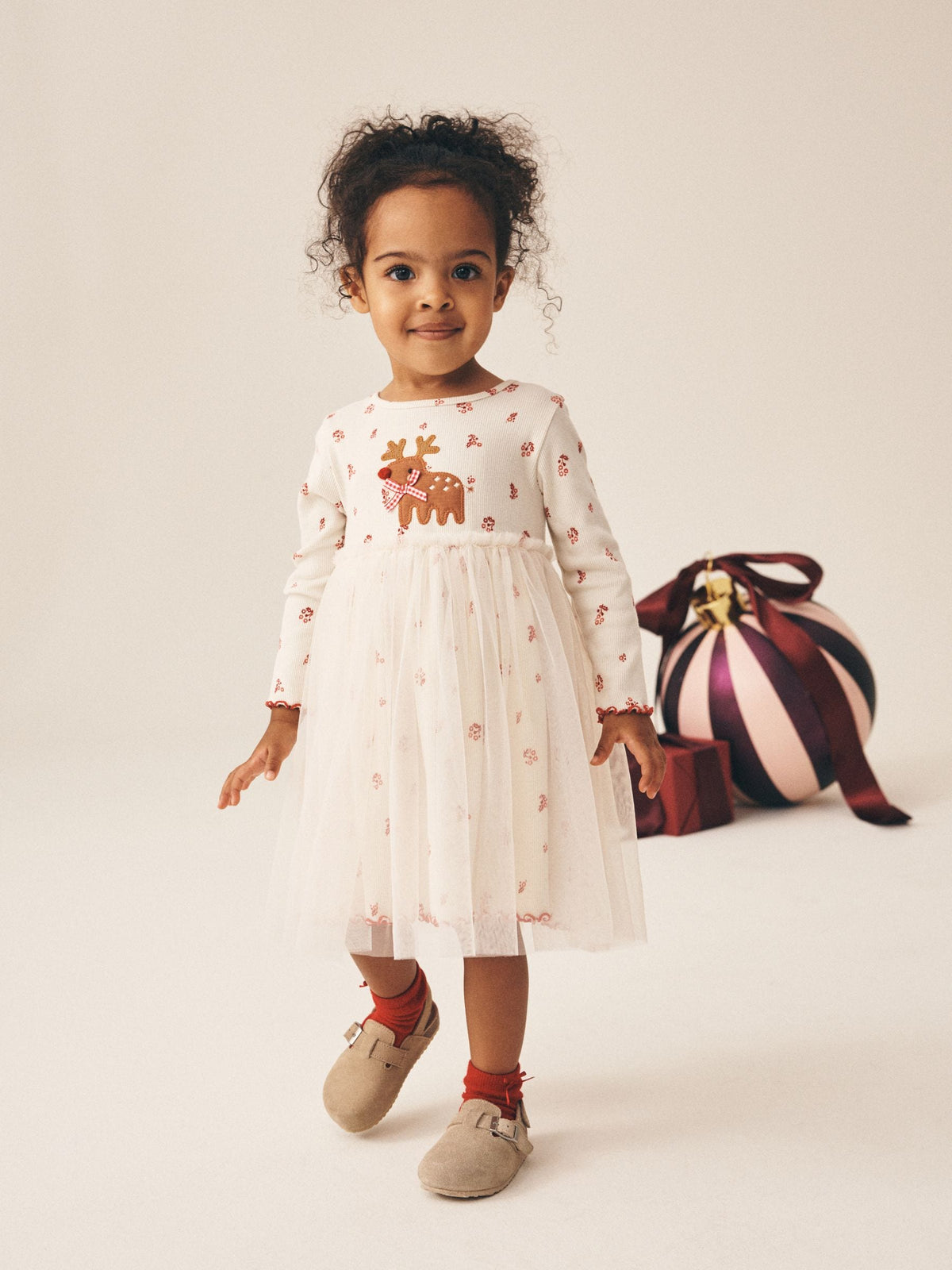 Dsiney Kidz - Cream Christmas Reindeer Long Sleeve Ribbed Mesh Dress (3mths-7yrs) image 1