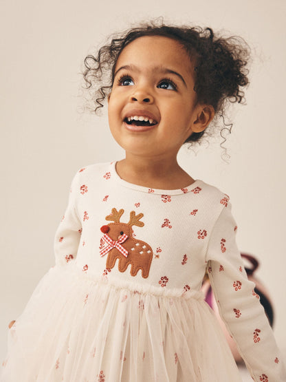 Dsiney Kidz - Cream Christmas Reindeer Long Sleeve Ribbed Mesh Dress (3mths-7yrs) image 2