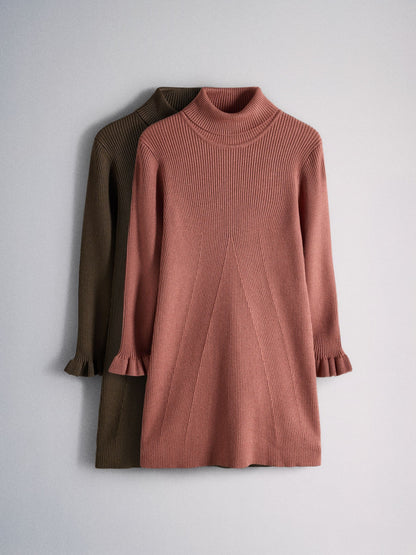 Dsiney Kidz - The Set 2 Pack Knitted Long Sleeve Roll Neck Rib Dresses Pink/Brown image 1