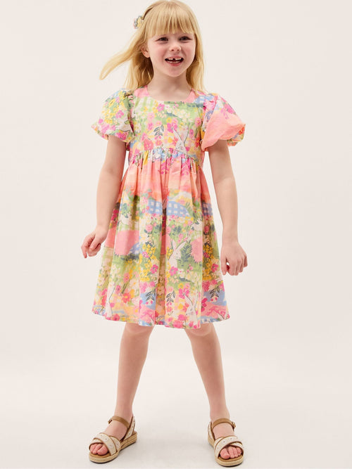 Monsoon Yellow Bunny Scene Puff Sleeve Dress image 1