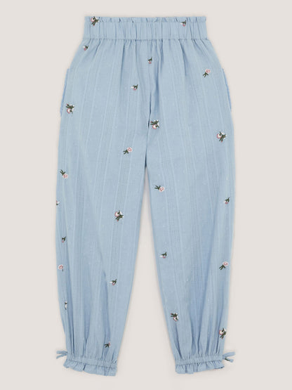 Monsoon Blue Embroidered Rose Dobby Cuffed Trousers image 3