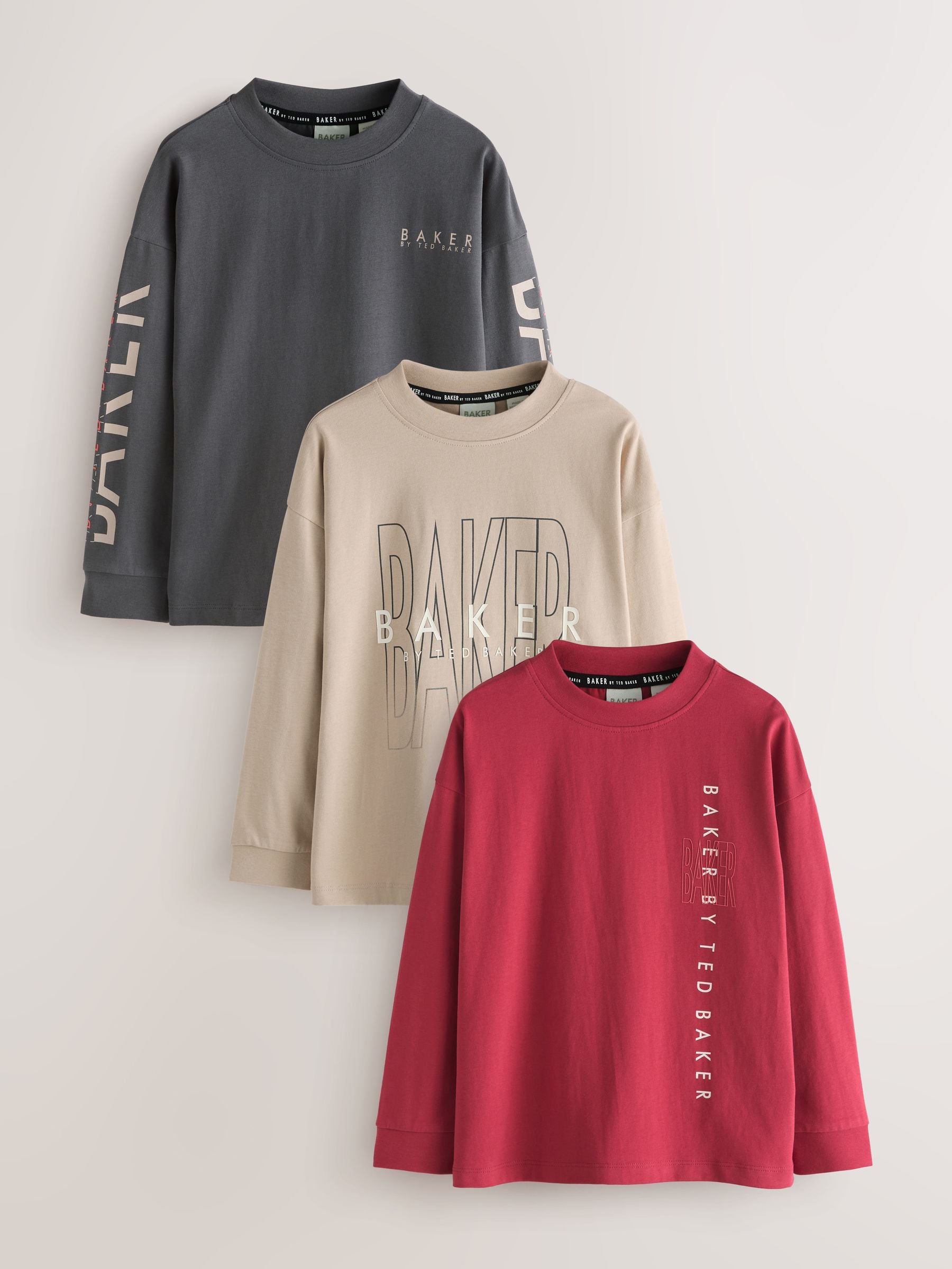 Dsiney Kidz - Baker by Ted Baker Stone/Red/Charcoal 3 Pack Long Sleeve Graphic T-Shirts image 1