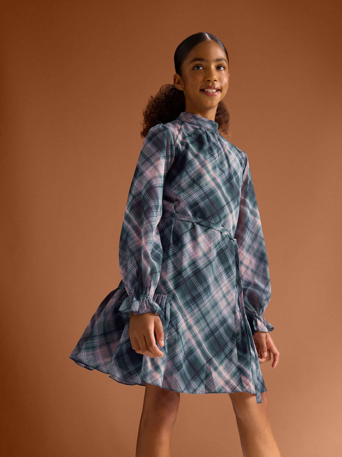 Lipsy Blue Chiffon Long Sleeve Check Dress (5-16yrs) - image 1