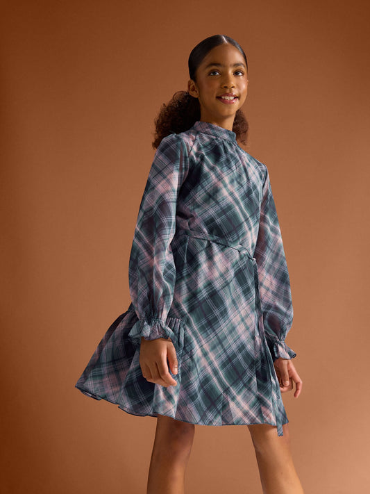 Lipsy Blue Chiffon Long Sleeve Check Dress (5-16yrs) - image 1