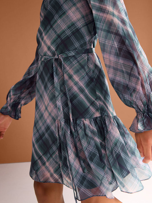 Lipsy Blue Chiffon Long Sleeve Check Dress (5-16yrs) - image 2