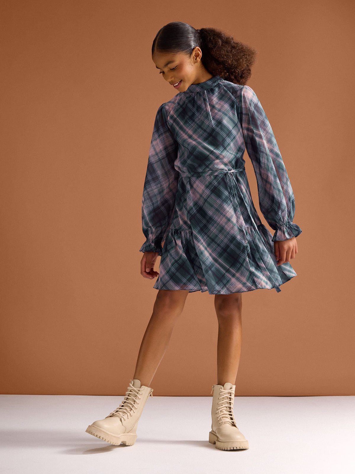 Lipsy Blue Chiffon Long Sleeve Check Dress (5-16yrs) - image 3