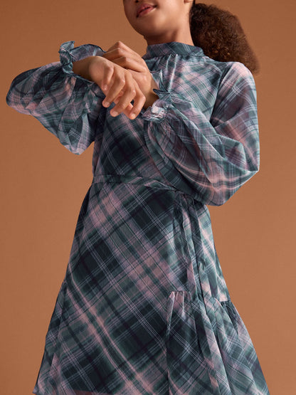 Lipsy Blue Chiffon Long Sleeve Check Dress (5-16yrs) - image 4