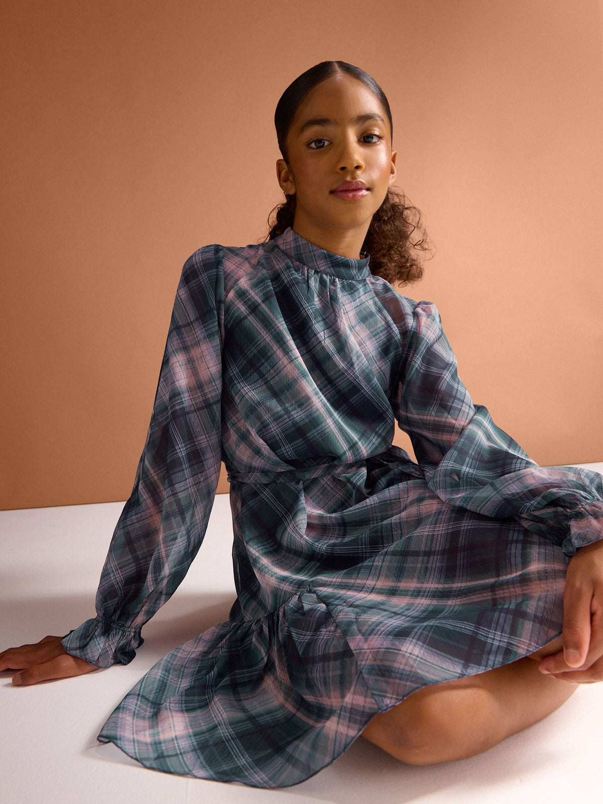 Lipsy Blue Chiffon Long Sleeve Check Dress (5-16yrs) - image 5