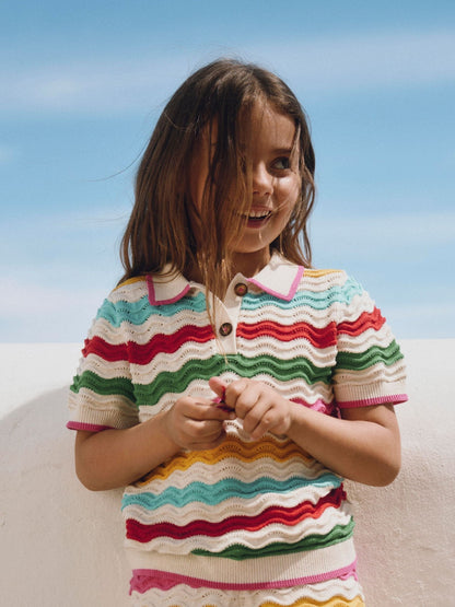 Dsiney Kidz - Boden Cream Pointelle Knitted Polo Top image 1