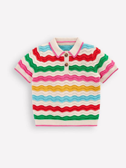 Dsiney Kidz - Boden Cream Pointelle Knitted Polo Top image 2