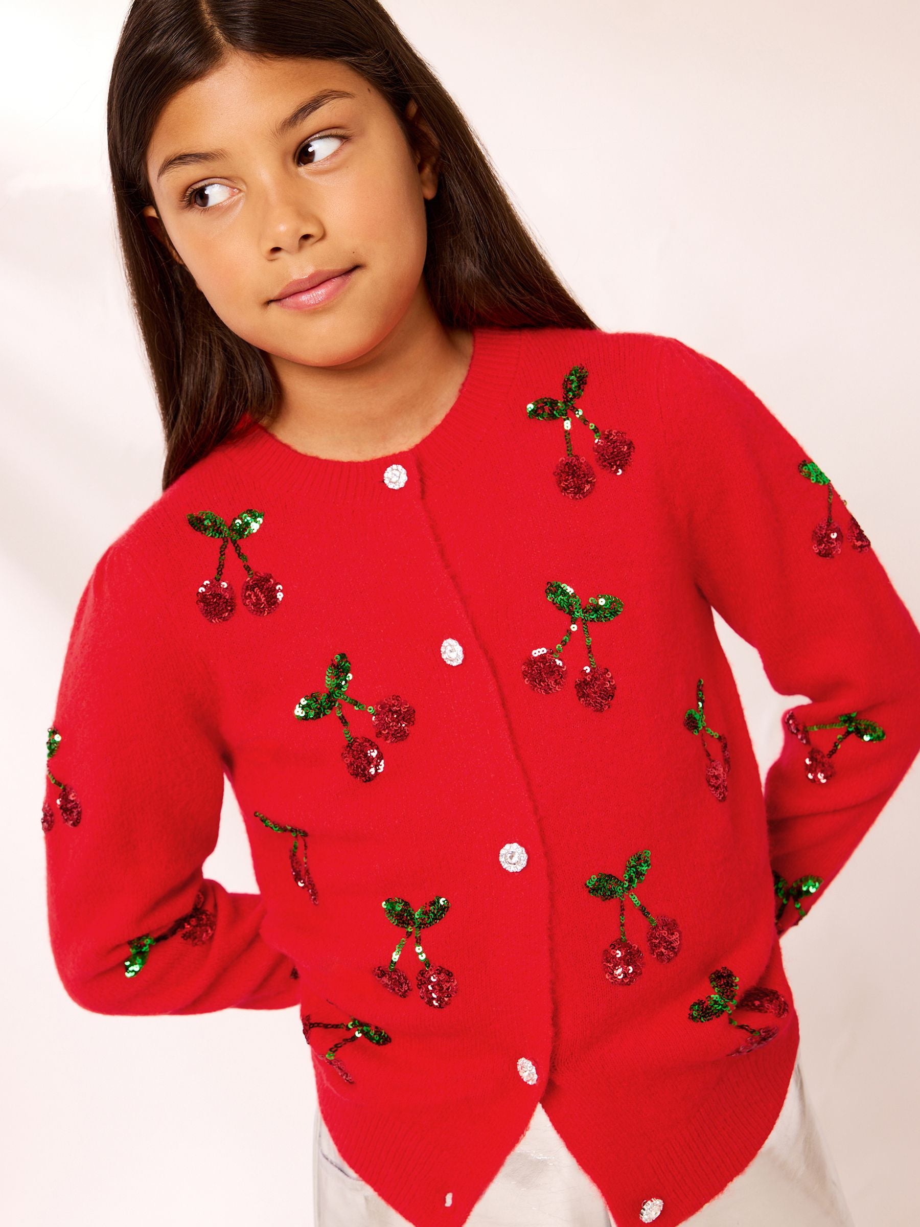 Dsiney Kidz - Lipsy Red Cherry Sequin Embellished Knit Cardigan (5-16yrs) image 1