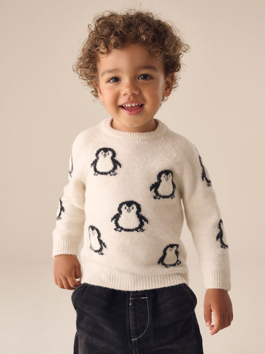 Black/Ecru Penguin All Over Character Knitted Crew Neck Jumper (3mths-7yrs) - image 1