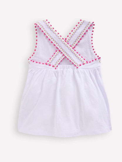 Boden White Cross-Back Pom Trim Top image 2