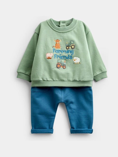 Jojo Maman Bébé Green Farmyard Baby Appliqué Sweatshirt & Jogger Set image 1