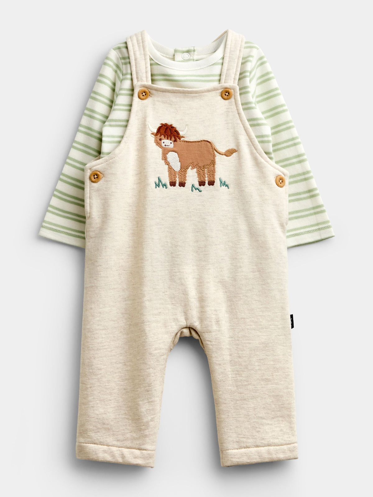 JoJo Maman Bébé Oat Marl Highland Cow Appliqué Dungaree Set - image 1