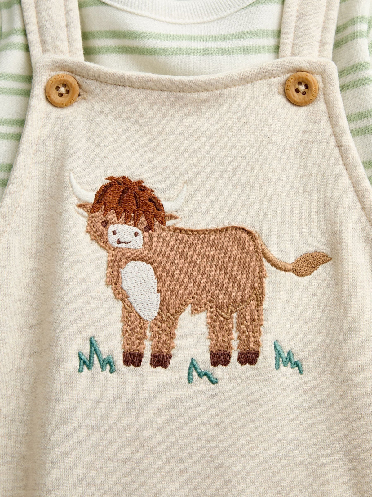 JoJo Maman Bébé Oat Marl Highland Cow Appliqué Dungaree Set - image 6
