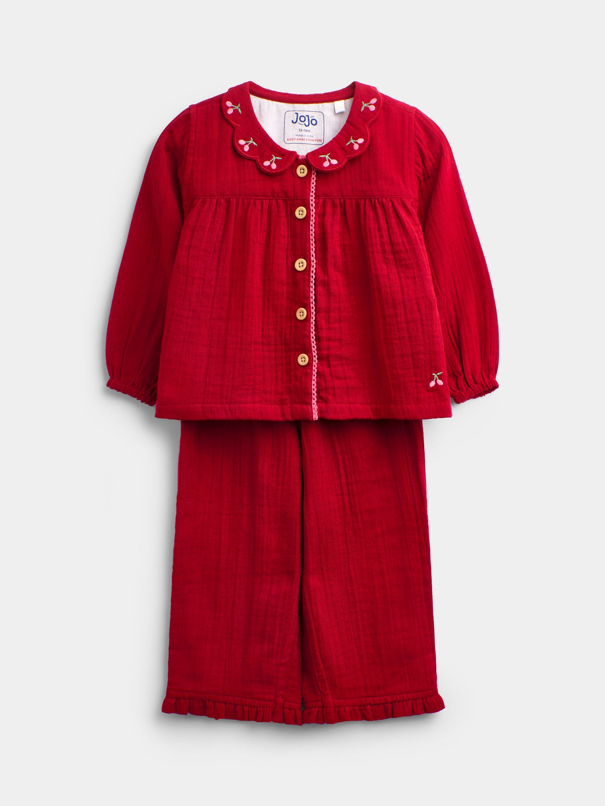 JoJo Maman Bébé Pink Cherry Embroidered Collar Pyjamas - image 1