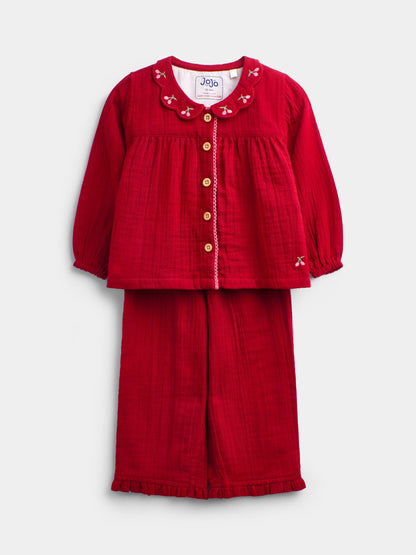 JoJo Maman Bébé Pink Cherry Embroidered Collar Pyjamas - image 1