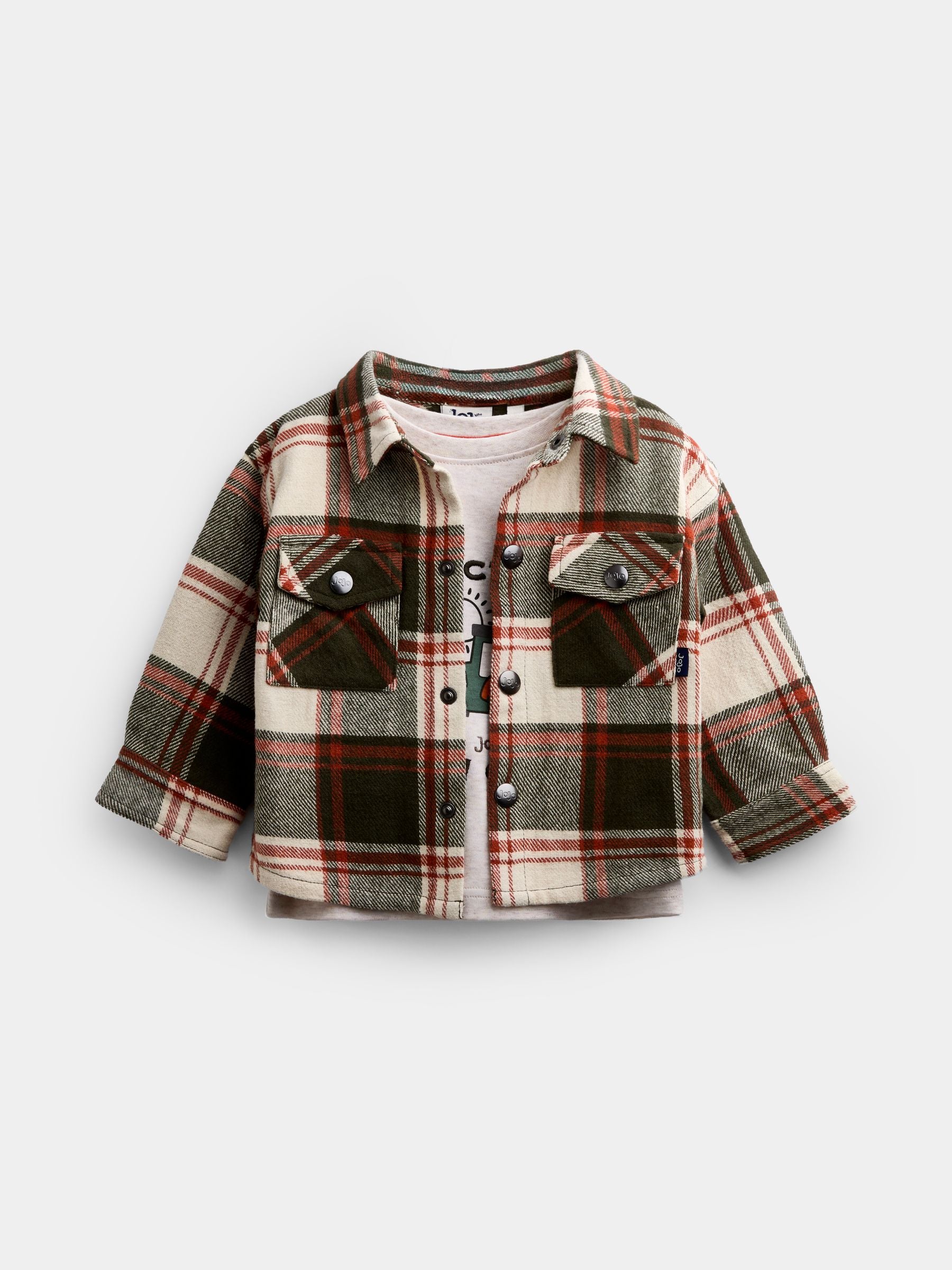 Dsiney Kidz - JoJo Maman Bébé Khaki Green Check Brushed Shirt & T-Shirt image 2