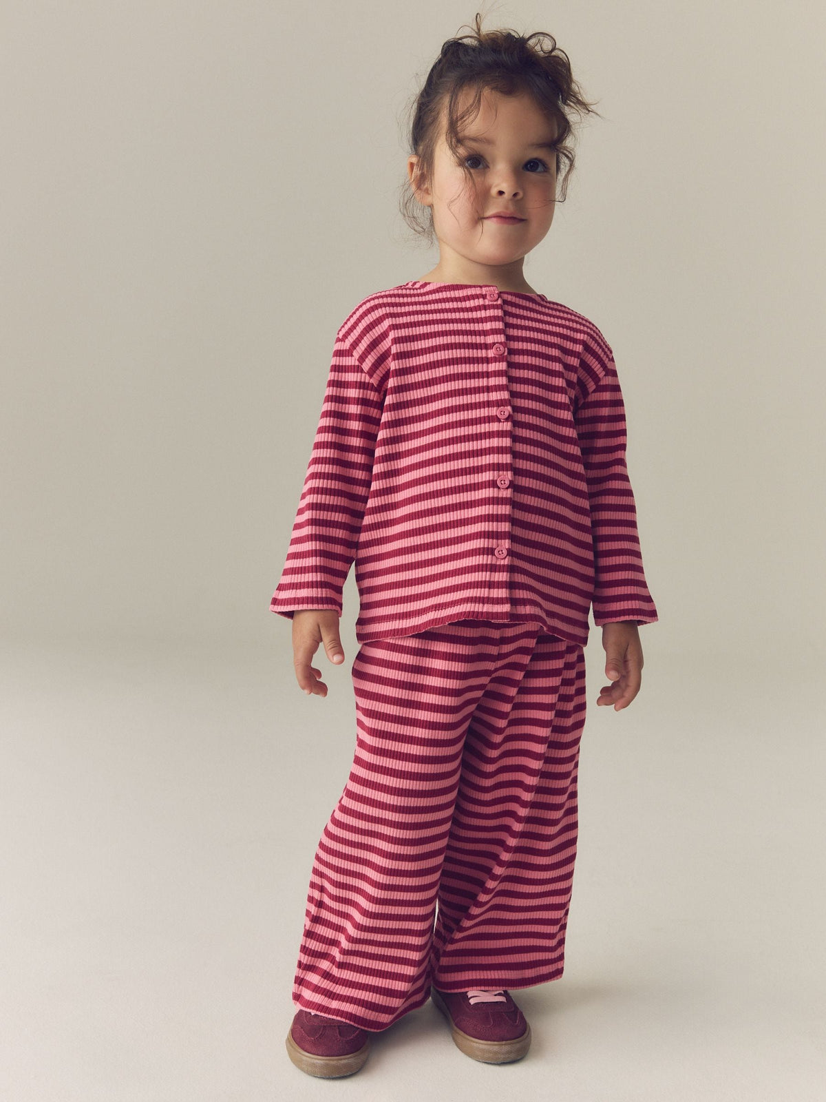 Pink Stripe Ribbed Cardigan and Wide Leg Trousers Set (3mths-7yrs) - image 1