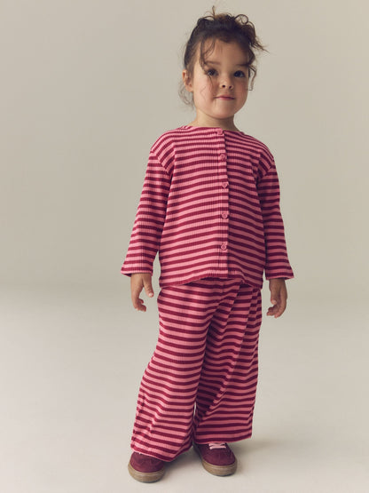 Pink Stripe Ribbed Cardigan and Wide Leg Trousers Set (3mths-7yrs) - image 1