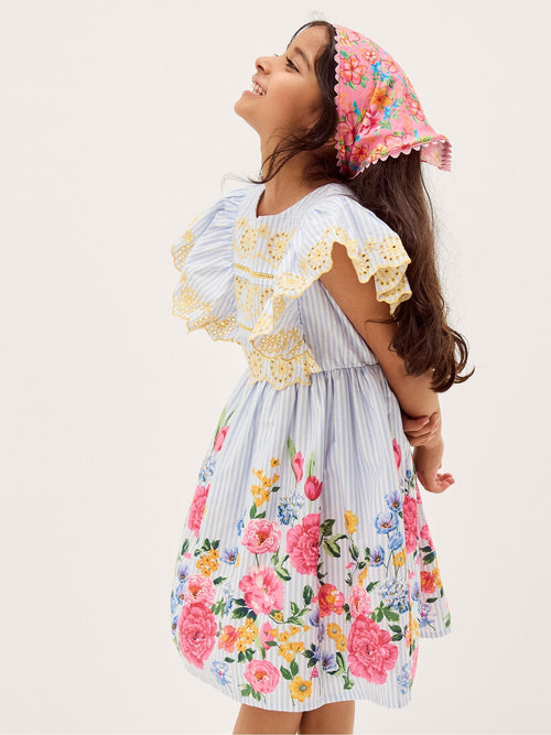Monsoon Blue Floral Stripe Broderie Sleeve Dress image 1