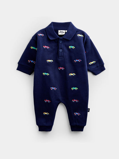 Jojo Maman Bébé Navy Blue Car Embroidered Polo Romper image 1
