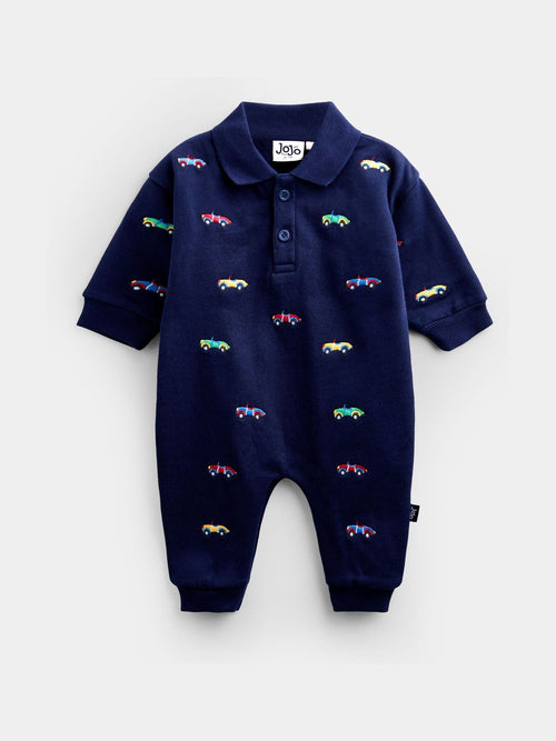 Jojo Maman Bébé Navy Blue Car Embroidered Polo Romper image 1