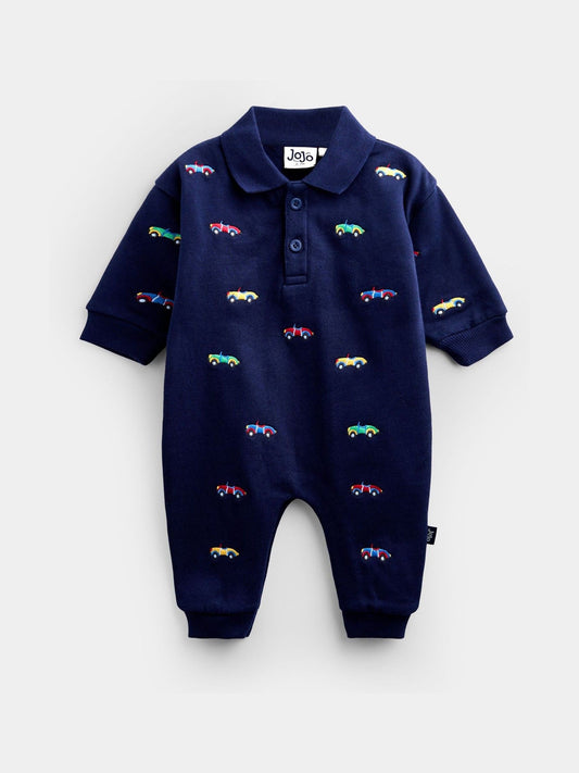 Jojo Maman Bébé Navy Blue Car Embroidered Polo Romper image 1