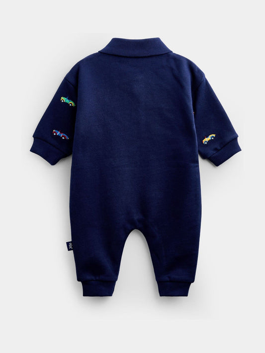 Jojo Maman Bébé Navy Blue Car Embroidered Polo Romper image 2