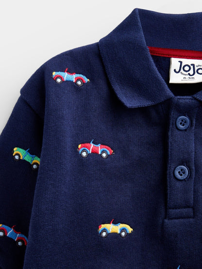 Jojo Maman Bébé Navy Blue Car Embroidered Polo Romper image 3